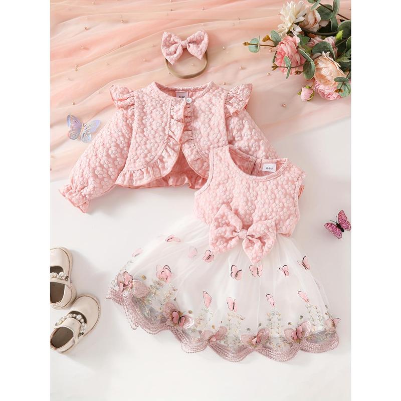 3pcs Fashion Casual Girl Butterfly Style Long Sleeve Ruffle Short Top + Sleeveless Mesh Butterfly Dress + Bow Hair Tie 0