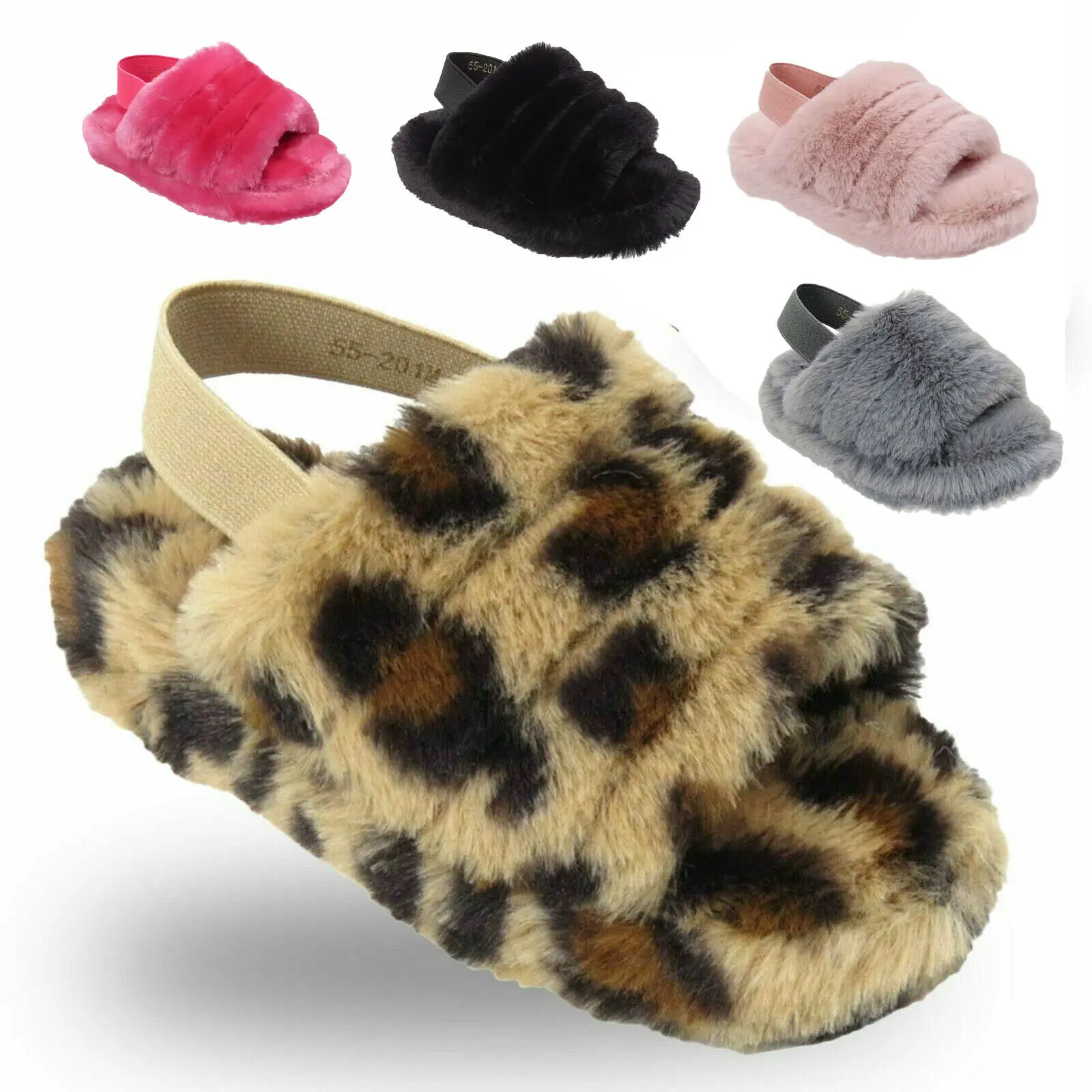 Girls Furry Slippers Kids Sliders Fluffy Fur Mule Flip Flop Slingback Cosy Children Shoes Size