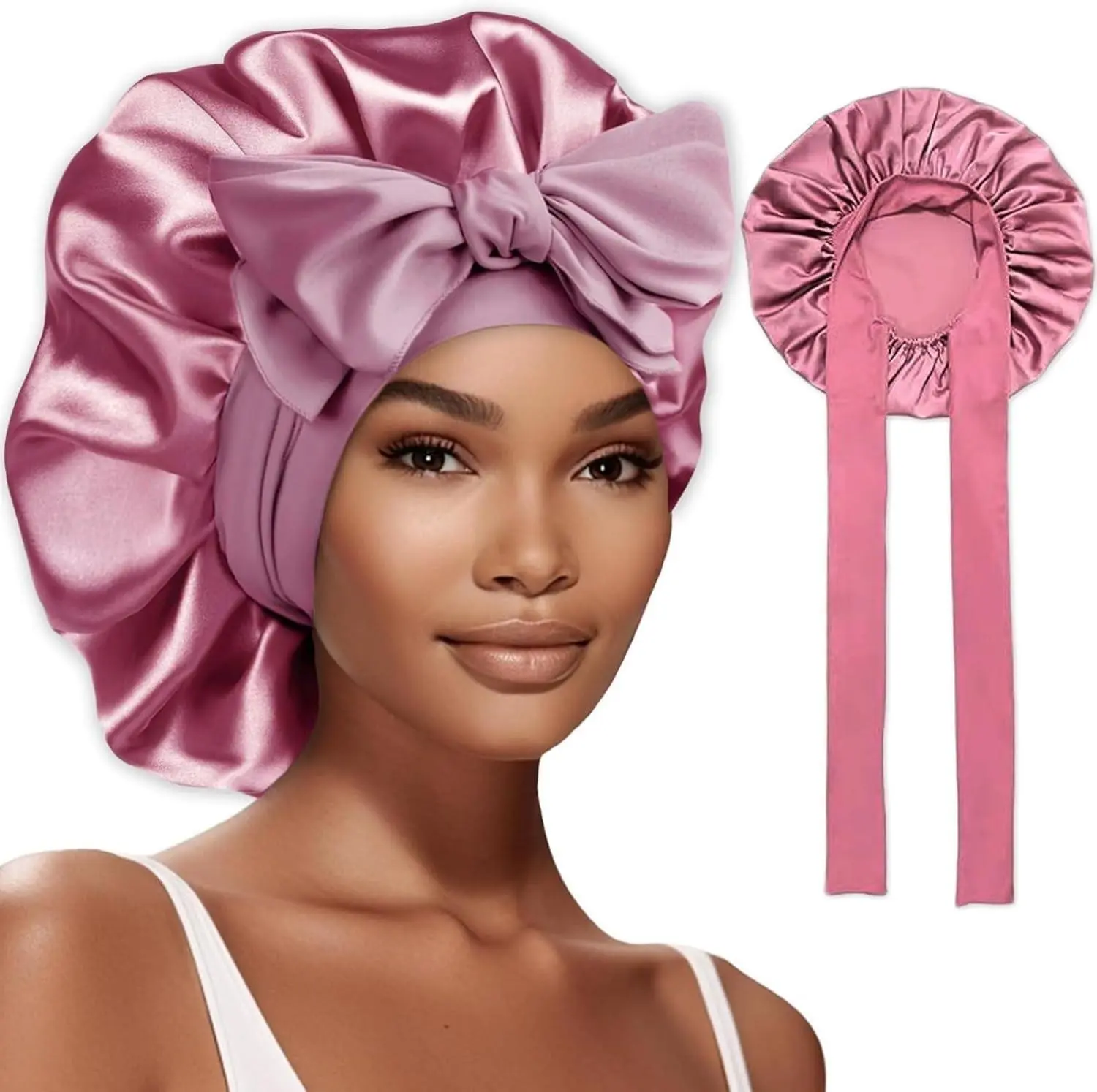 Solid Color Satin Bonnet, Ruched Design Sleeping Bonnet with Ribbon, Fashion Hair Accessories for Women & Girls