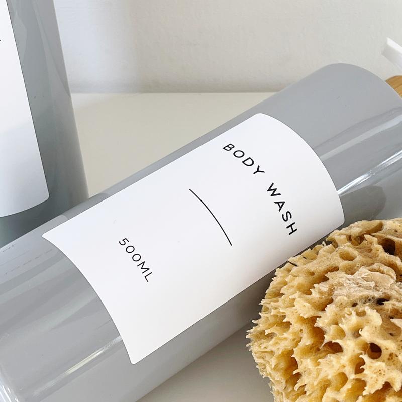 Refillable Grey Plastic Bottle With Personalised White Waterproof Minimalist Label And Black Or White Bamboo Pump - Perfect For Home, Kitchen And Bathroom Organisation - Eco Friendly And Sustainable Dispensers 3