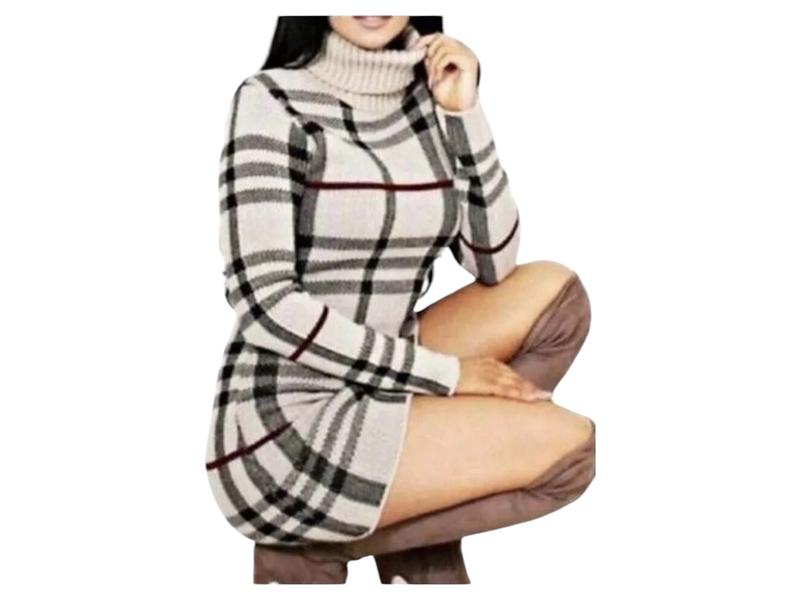 New Womens Polo Neck Tartan Knitted Midi Ladies Long Sleeve Bodycon Jumper Dress 1