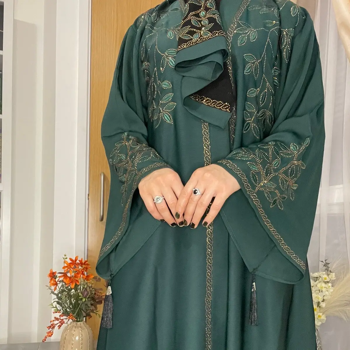 Green colour, Zoom fabric open jacket style, Abaya with scarf size (54)