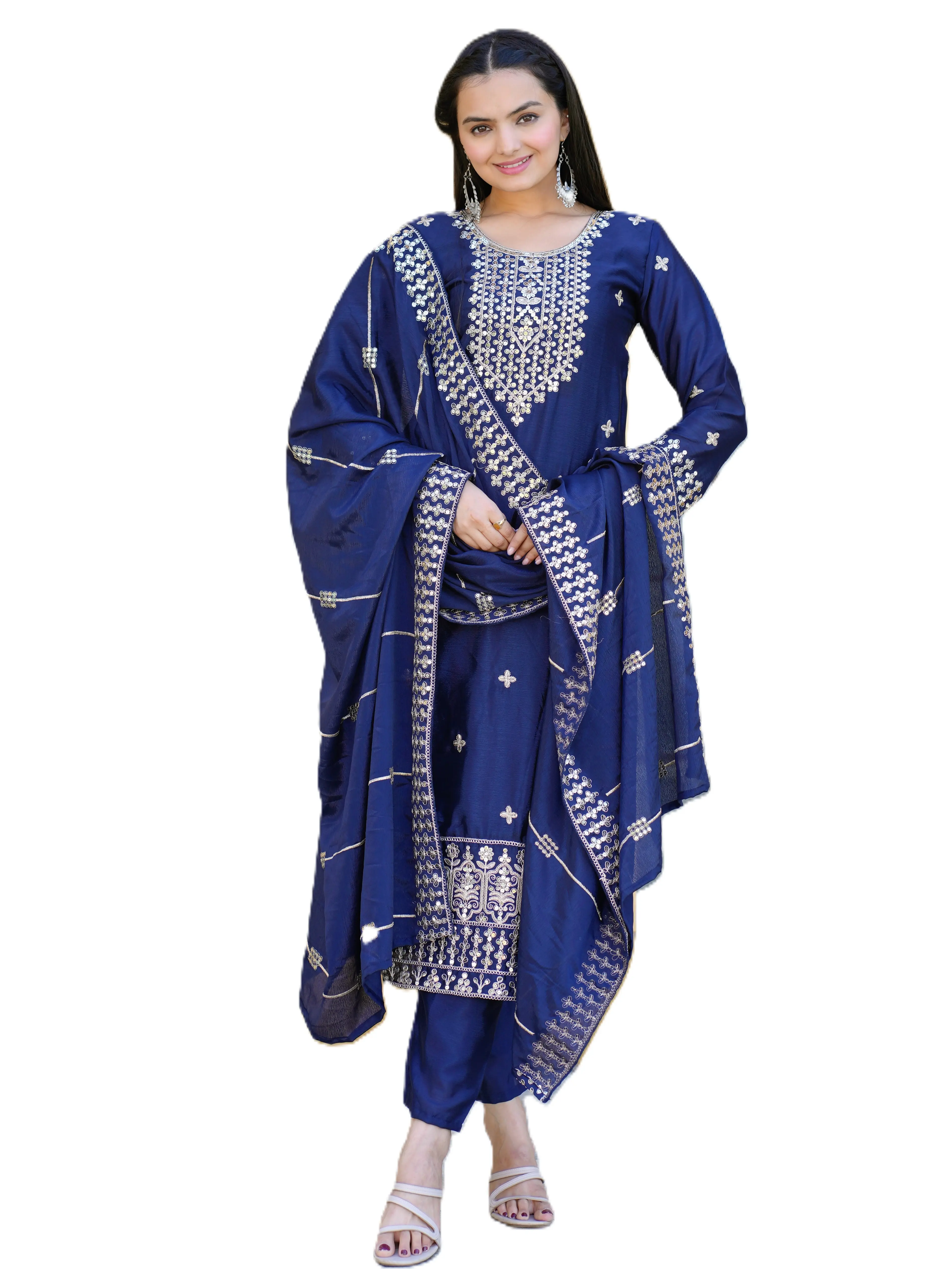 New Designer Embroidered Chinnon Suit with Coding Sequence Work for Women - Pants Included - Womenswear  Dupatta Traditional Clothing Embroidery Stitch Dress Elastic