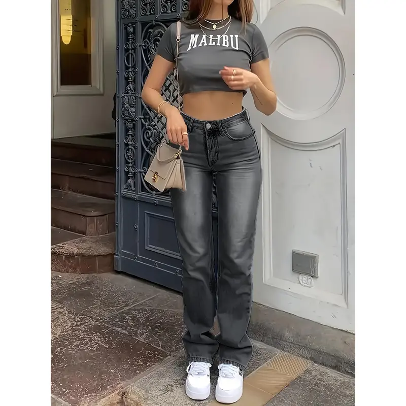 High Waist Light Washed Straight Jeans, Slash Pocket Casual Loose Fit Denim Pants, Women's Denim Jeans & Clothing 5
