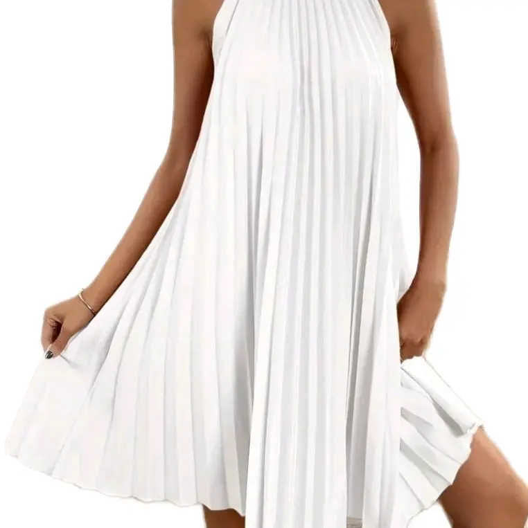 Contrast Sequined Pleated Halter Dress, Elegant Sleeveless Mock Neck Keyhole Back Dress, Women's Clothing Comfortable Halter Neck Elegance 2