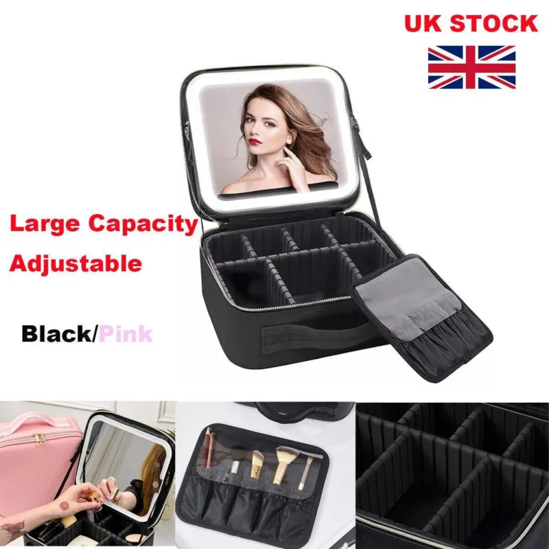 Travel Makeup Bag With LED Lighted, Make Up Case With Mirror 3 Color Setting Cosmetic Makeup Box Organizer Vanity Case With Adjustable Dividers For Women Beauty Tools Accessories