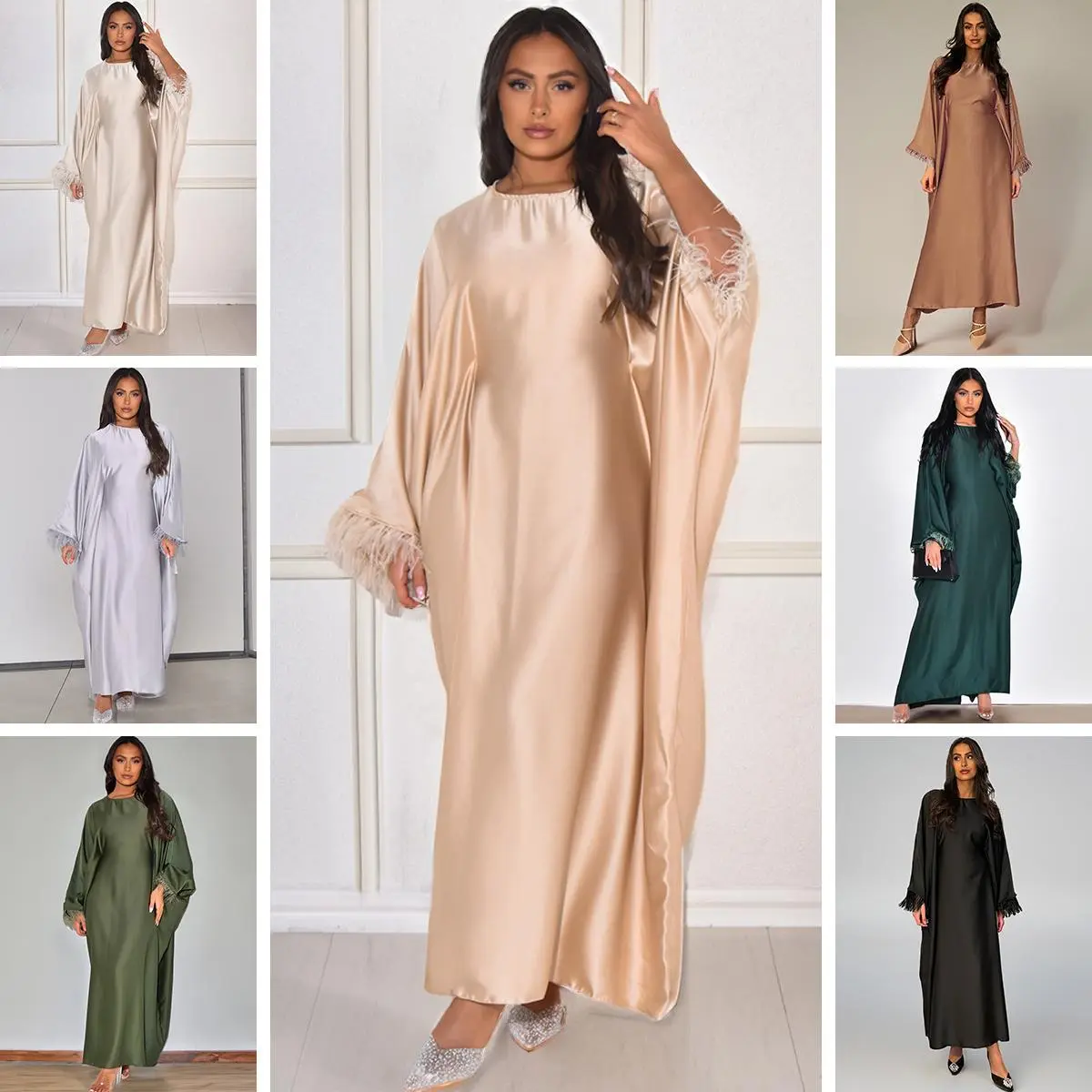 Women's Muslim Fashion Elegant Plain Long Sleeve Fur Trim Thin Waist Maxi Dress,Islamic Clothing for Daily Wear,Modest Womenswear,Muslim Fashion Abaya Dress,Round Neck Flowing Satin Dress Outfits for Women,Spring & Fall Womenswear