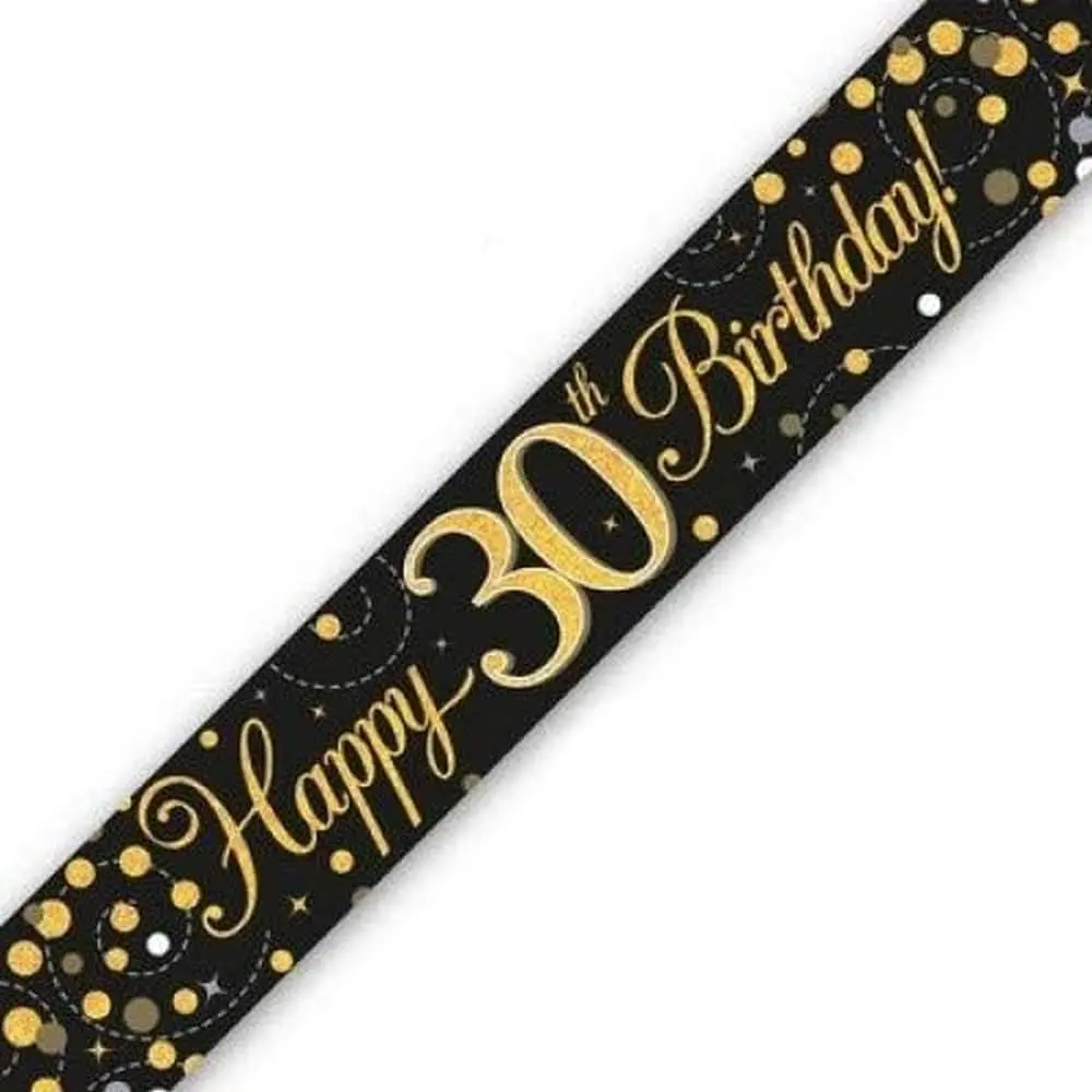 9ft Banner Sparkling Fizz 30th Birthday Black & Gold Holographic, Golden