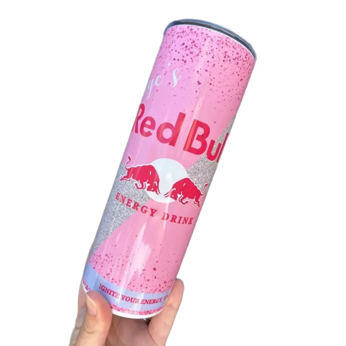 Pink Bull Glitter 20oz Tumbler with Metal Straw - Reusable Insulated Drinkware Water Bottle - Equipment, Printed