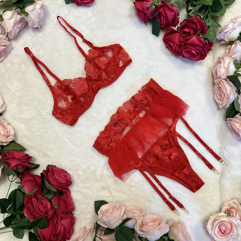 LILIOSA LINGERIE Elegant Snowflake Red Sexy High Quality Floral Embroidery Mesh Sheer 3 Piece Lingerie Set  - (Bra - clasp + Garter - clasp + Pants - adjustable) Soft Lace Floral Bra, Soft Breathable Fabric, Comfortable Summer Womenswear Underwear Outfits 0