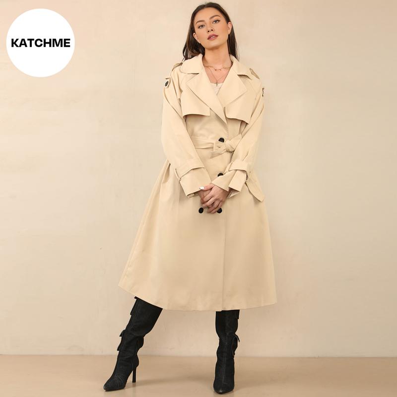 KatchMe Women's Oversized Premium Waist Tie Double Breasted Trench Coat (UK 8-22),High-End Outerwear Jacket,Plain Minimalist Side Pocket Lady's Outfits 4