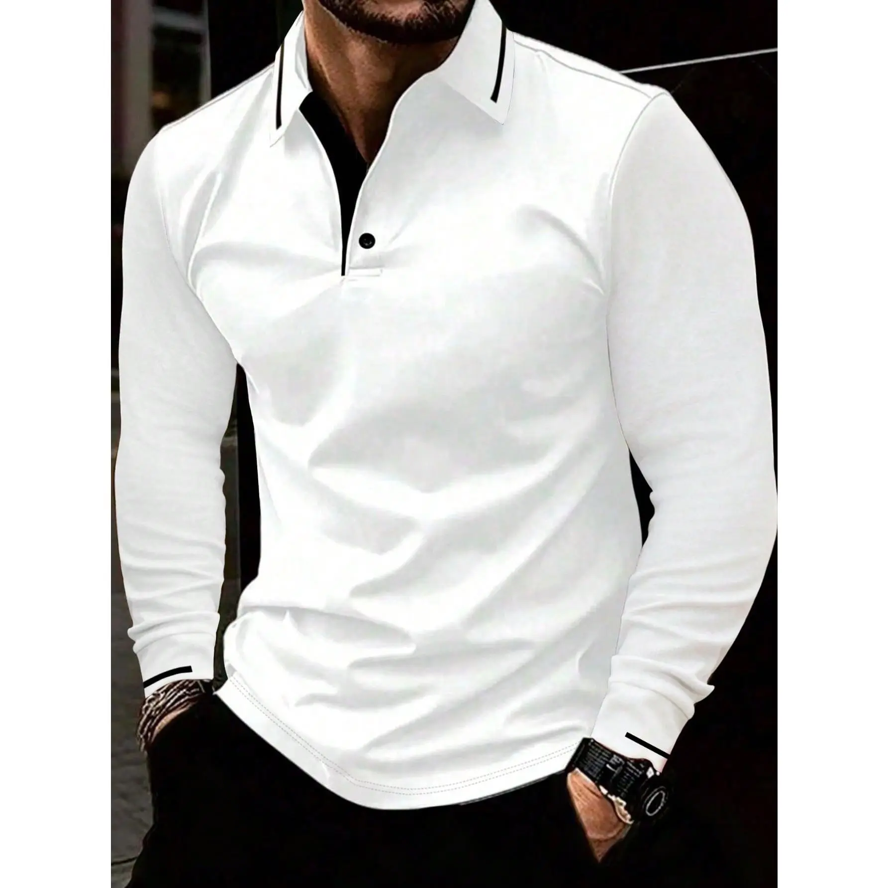 1pc Men Casual Solid Color Button-Up Collar Long Sleeve Polo Shirt Menswear Top