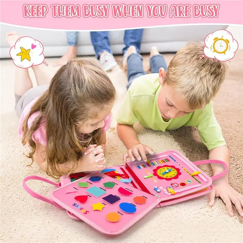 Busy Board for Toddlers, 34 IN 1 Montessori Toys Sensory Activities Preschool Educational Toys for Learning Fine Motor Skills for 2 3 4 5 6 Years, Travel Toys on Plane for Girls Gift - Pink/Unicorn 5