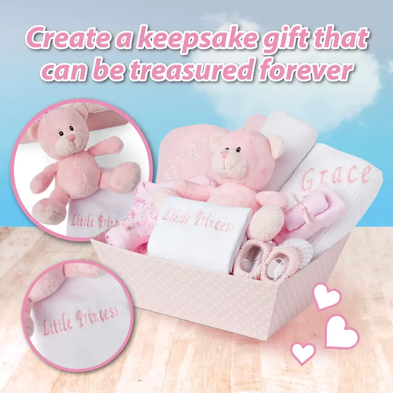 Baby Box Shop Personalised Baby Gift Set - 12 Baby Girl Essentials with 3 Personalised Baby Girl Gifts - Baby Girl Gifts, Newborn Baby Girl Hamper Basket Gifts with Personalised Baby Blankets, Pink 6
