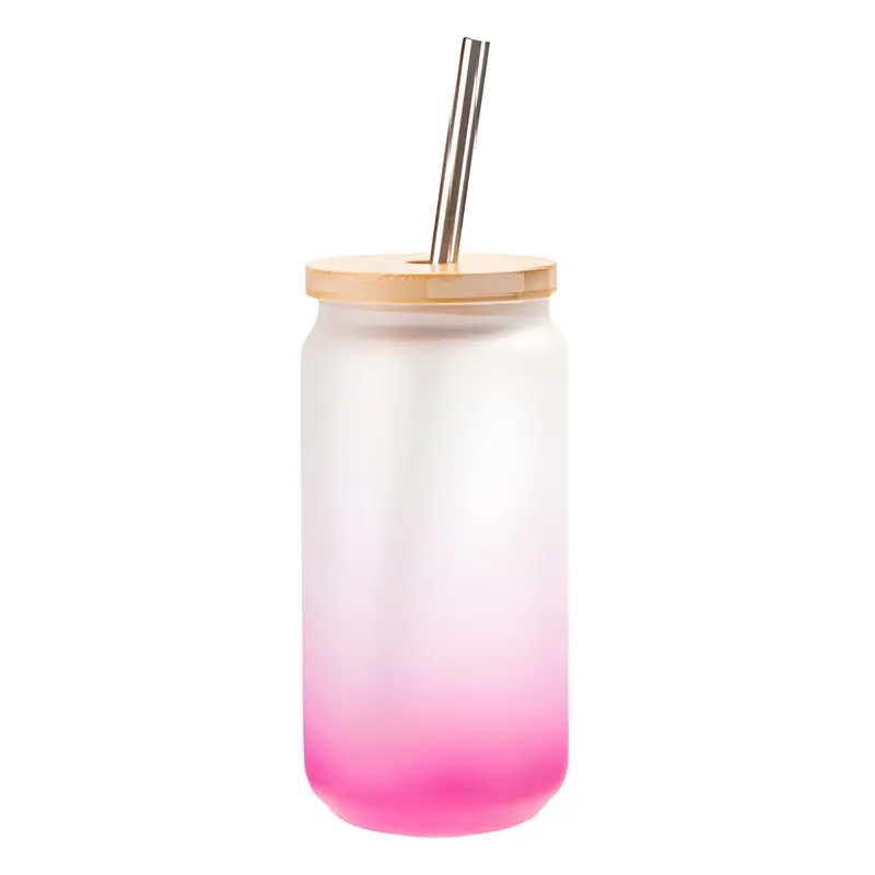 Mugs - Glass - 550ml Glass Jar with Bamboo Lid & Straw - PINK 0