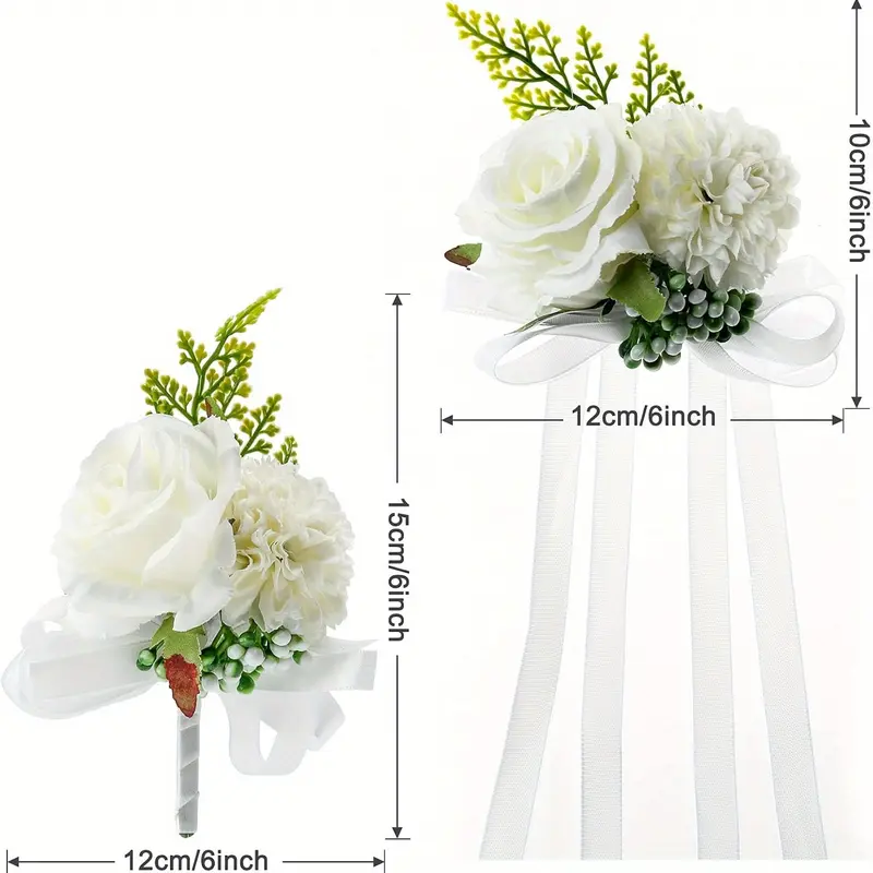 2 Pack Wedding Wrist Corsage Boutonniere Set, Artificial Wedding Buttonholes Flowers for Men and Wristband Roses for Women, White Boutonniere Prom Flower Corsage for Wedding, Ceremony Anniversary 1