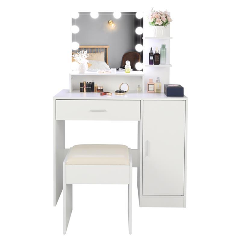 Large Vanity Set with LED Bulbs – Makeup Table with Stool, Storage Shelves, Drawer, and Cabinet – Perfect for Women and Girls, White 4