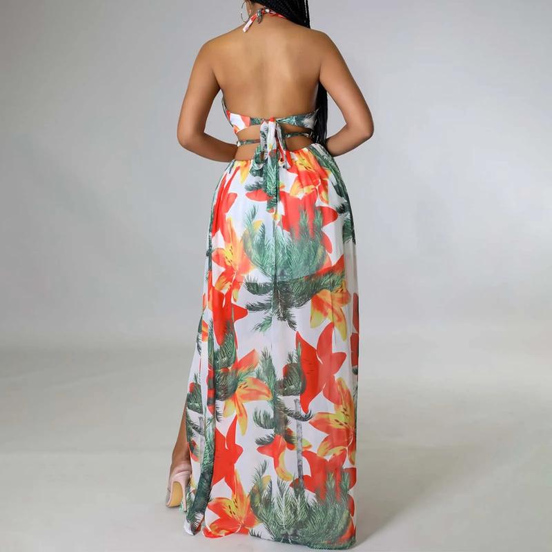 Product Introduction of Floral Print Maxi Dress For Women Stylish French Halterneck Summer Dress Mid Length Camisole Dress Elegant High Split Dress 64