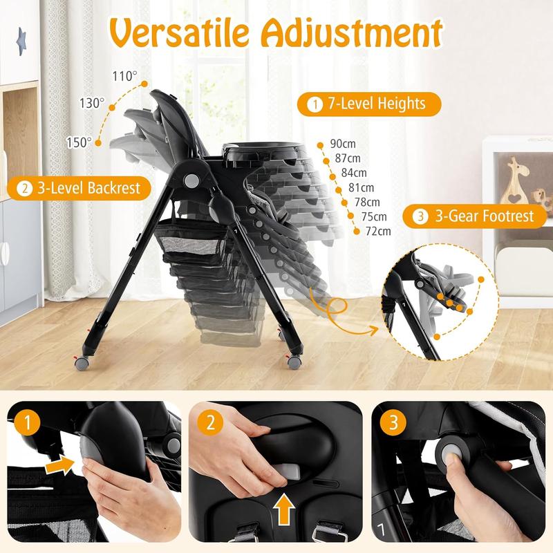 COSTWAY - High Chair for Babies and Toddlers, Adjustable & Folding Baby Highchair with Lockable Wheels, Removable Double Trays, 5 Point Harness, Storage Basket 1