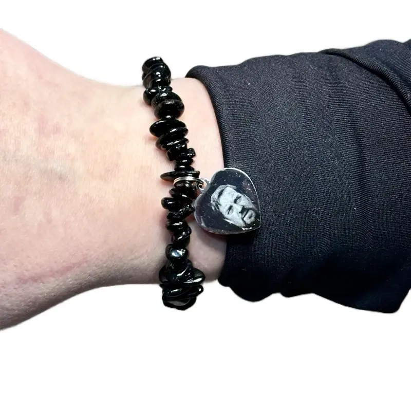 Black tourmaline crystal bracelet with photo engraved pendant.