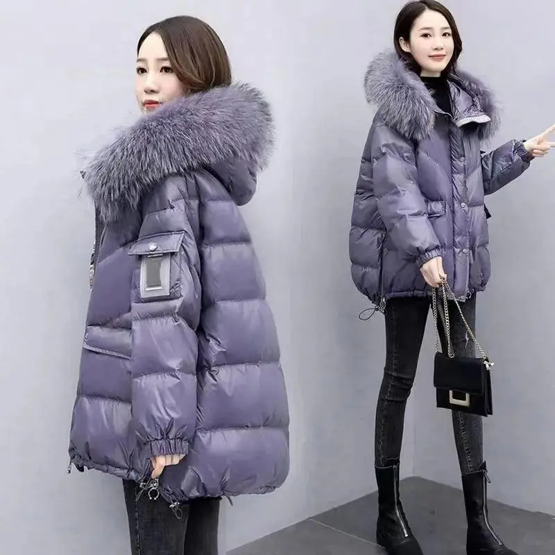 2025 Winter New Warm Down Cotton Jacket With Large Fur collar Hooded Coat Loose Women Thicken Parker Puffer Overcoat Casual wear 0