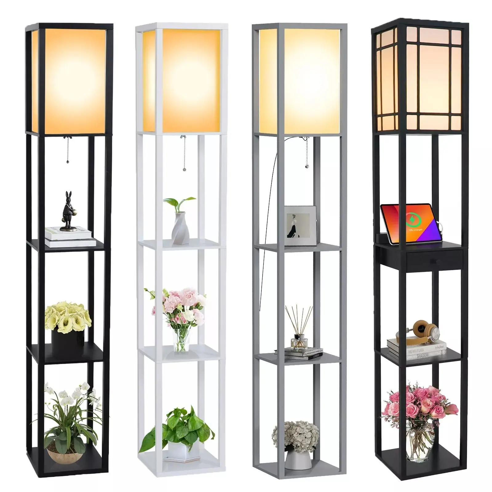 LED Floor Lamp with Wooden Shelf, Modern Standing 4-tier Display Shelf and Lounge Light