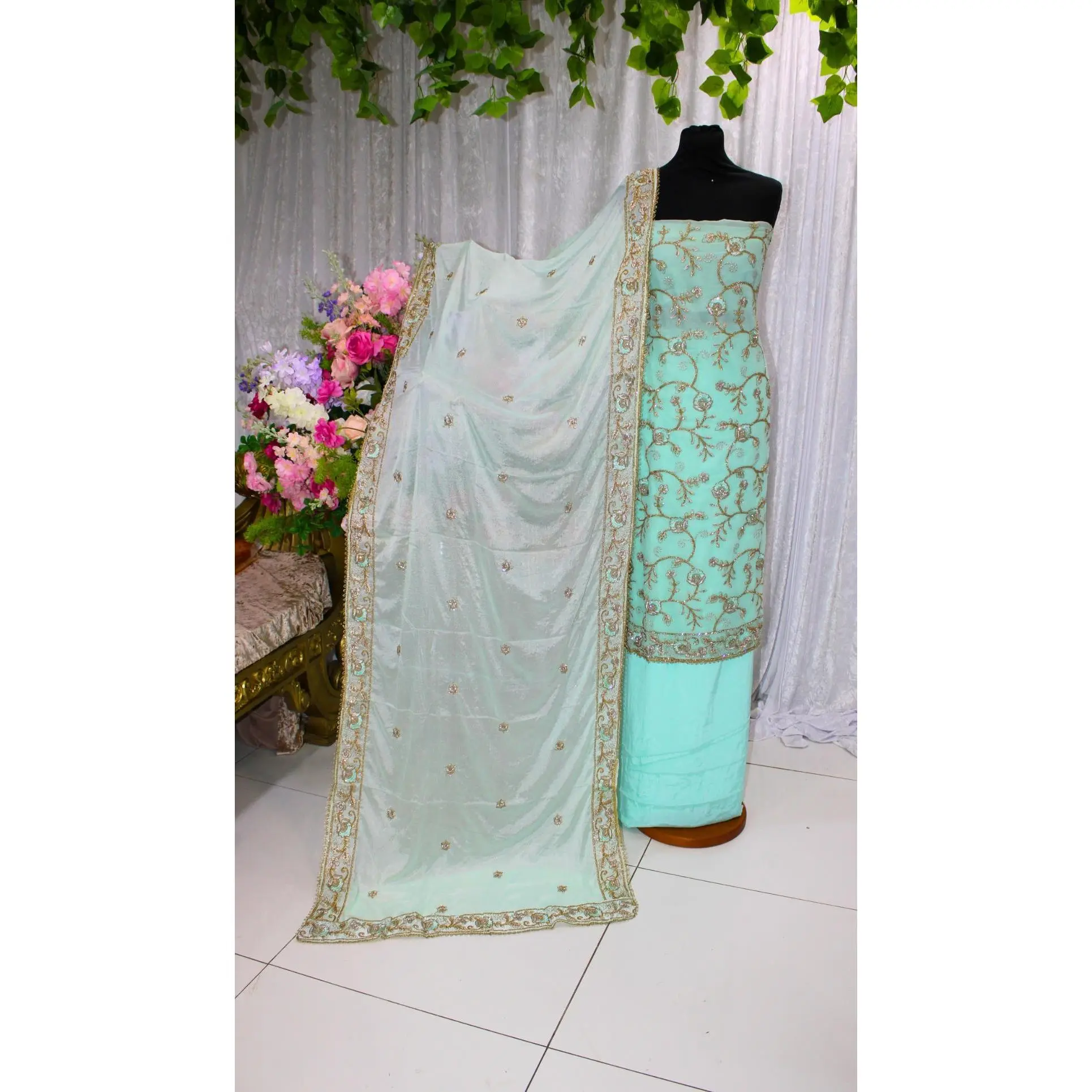 BS-UNST-202 - Unstitched Embroidered Chiffon Stone Work Suit