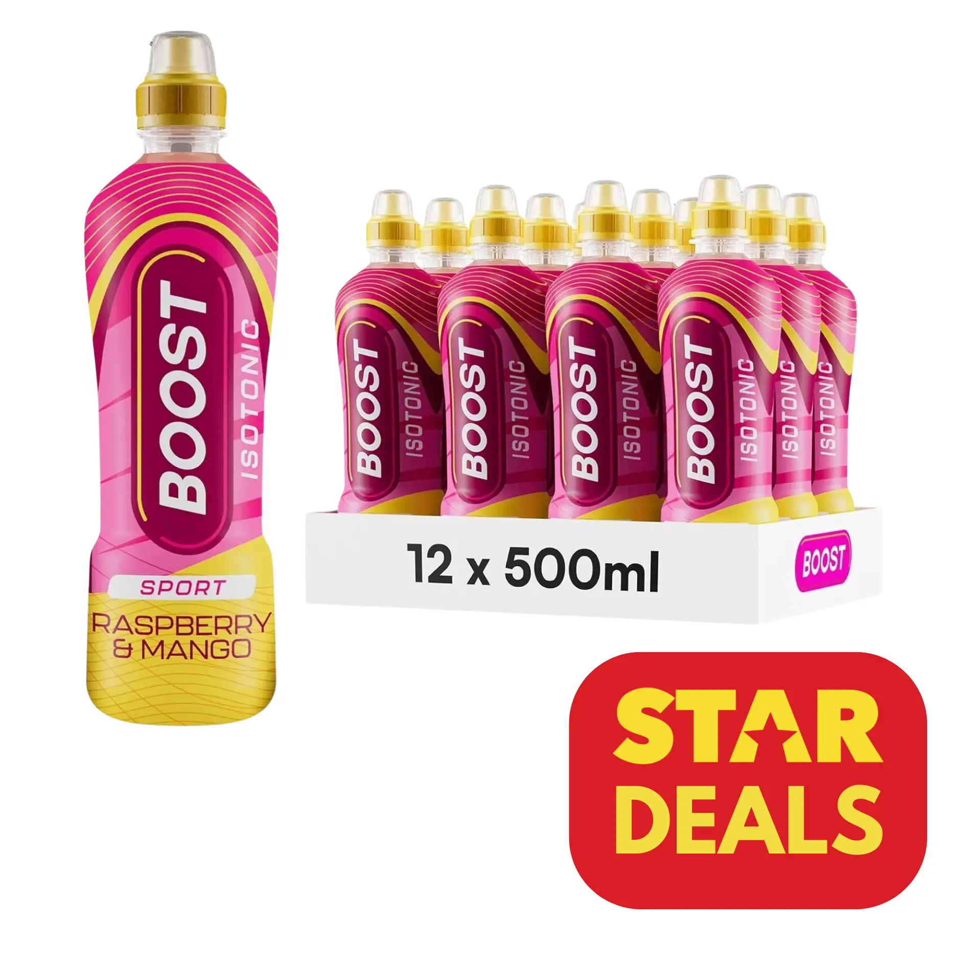 Boost Isotonic Raspberry & Mango Flavour | 12 x 500ml bottles | A fresh combo of raspberry and sweet mango to keep you performing at your best | best before 30th June 2025