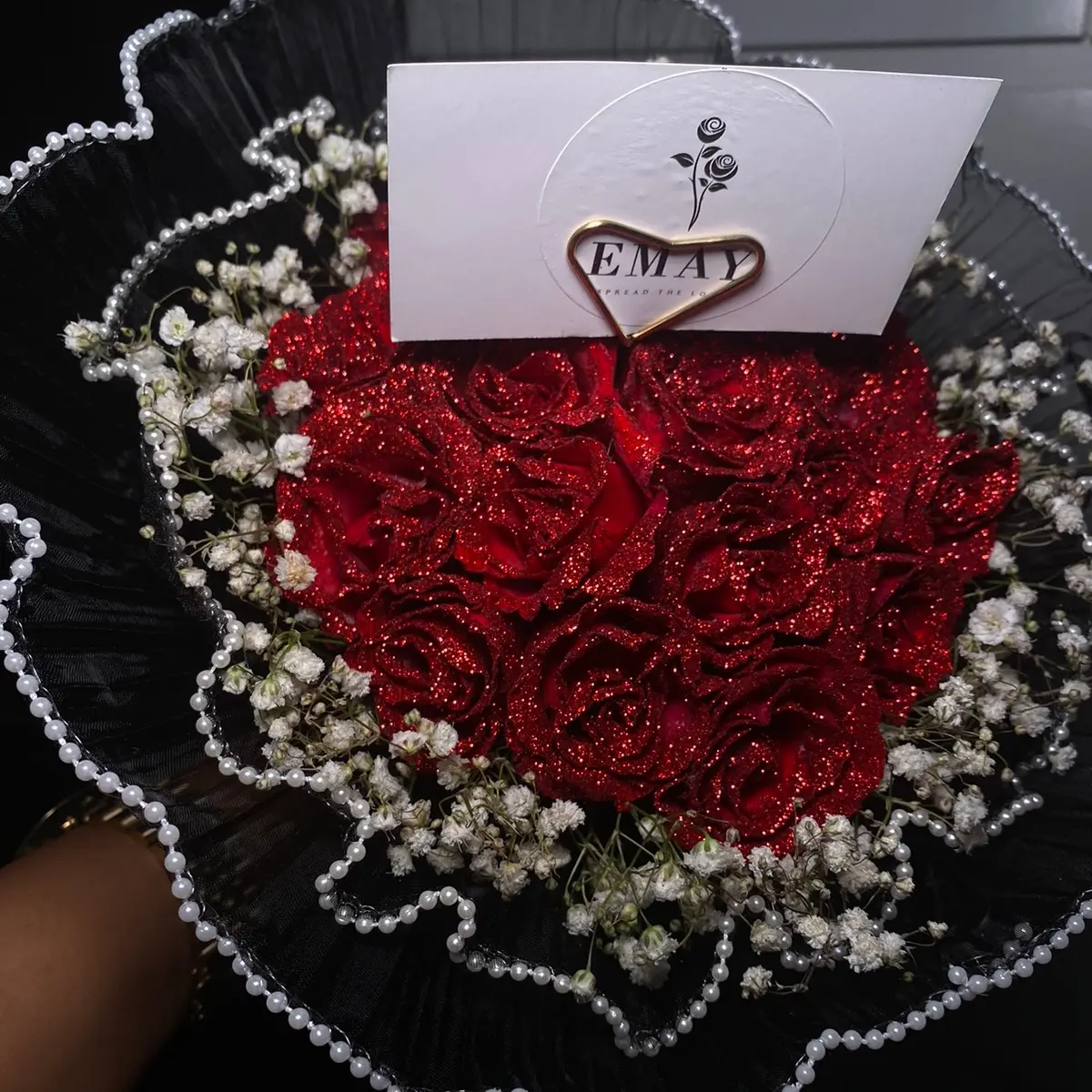 Small Glitter rose bouquet- fresh roses wrapped in mesh - Gifts Floral Flower Decor Decorative