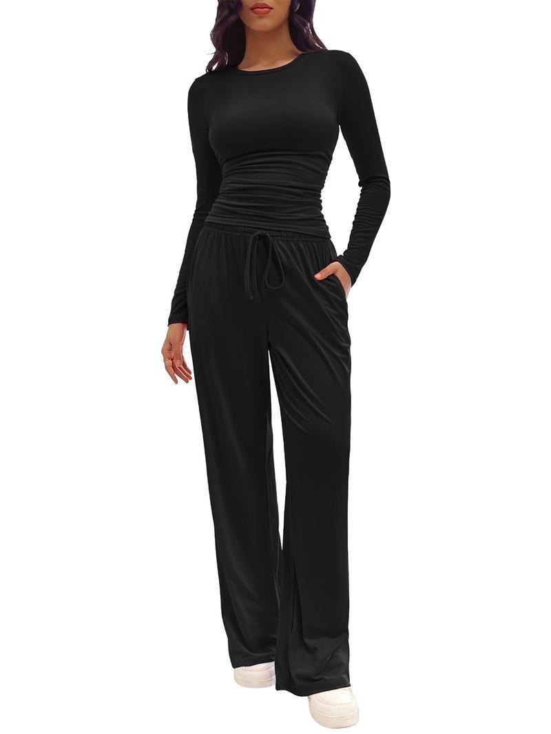 Product Introduction of Two-piece Set Women's Solid Ruched Tee & Drawstring Pocket Pants Lounge Set, Casual Long Sleeve T-shirt & Elastic Waist Trousers, Pyjamas for Women, Ladies Sleepwear for All Seasons,  Lounge Tracksuit Women Loungewear Pajamas 15