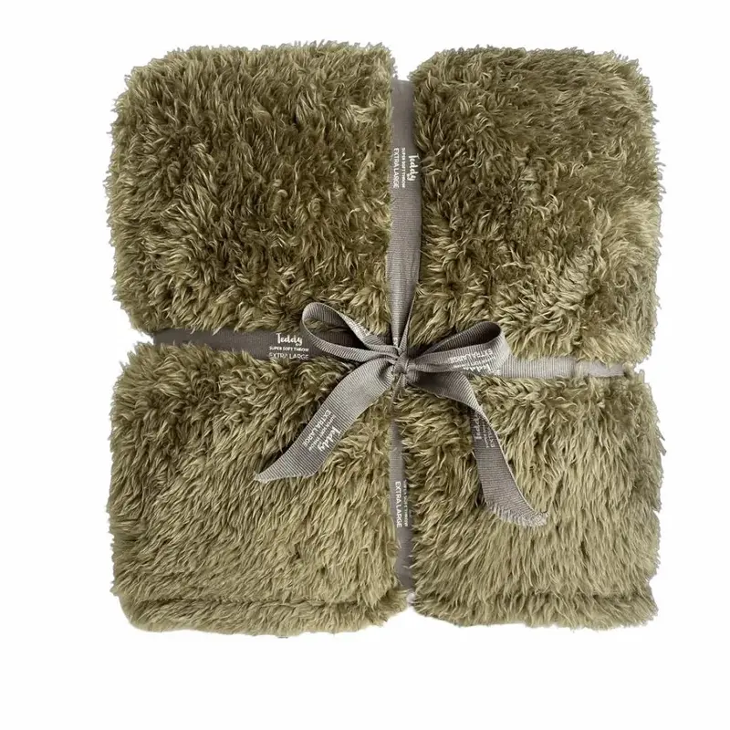 Teddy Bear Blanket Throw - Olive Green - Taupe - Warm Sofa Bedspread 0
