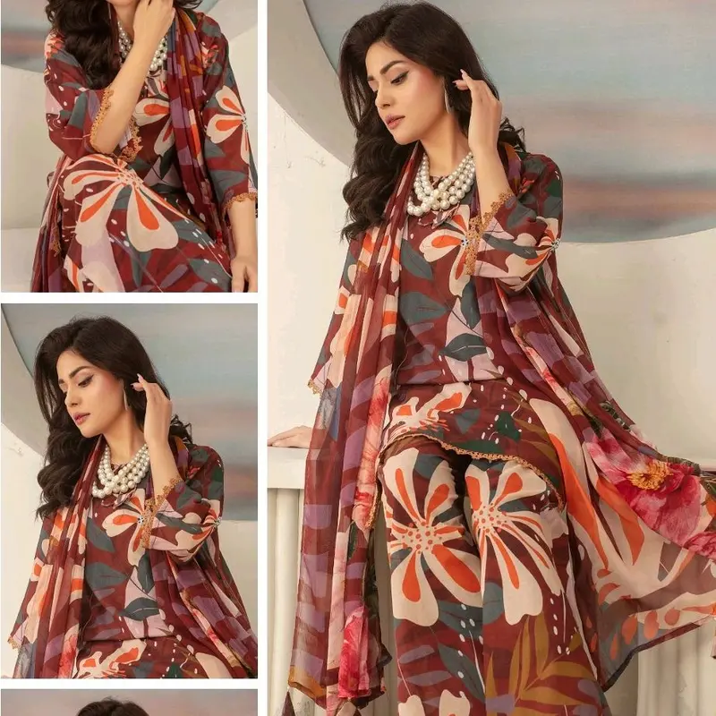 Rajwan Lawn Digital Printed 3pc unstitched Brown 3.5 m with chiffon dupatta 1