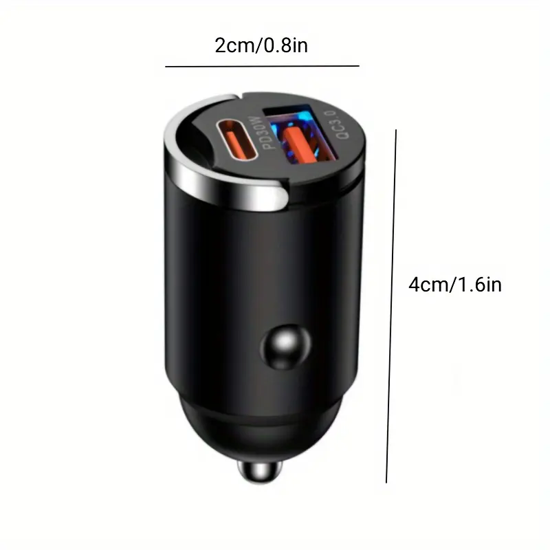 USB A + C dual port fast charging mini pull ring car charger, pd30w + qc3.0 type C car charger adapter, supports 5V 2.4A charging wide compatibility 5