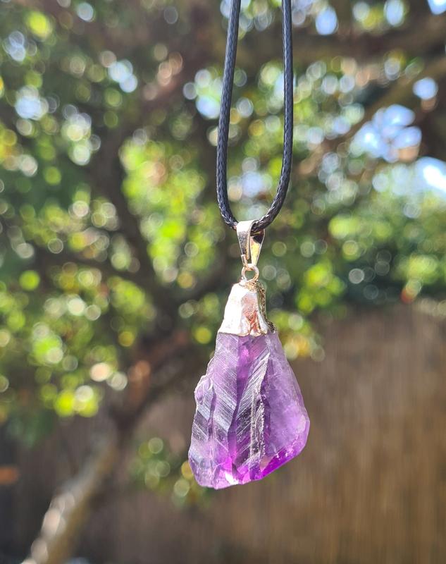 Handmade Raw Amethyst Pendant Necklace with Leather Cord for Spiritual Growth, Protection, and Emotional Healing 4