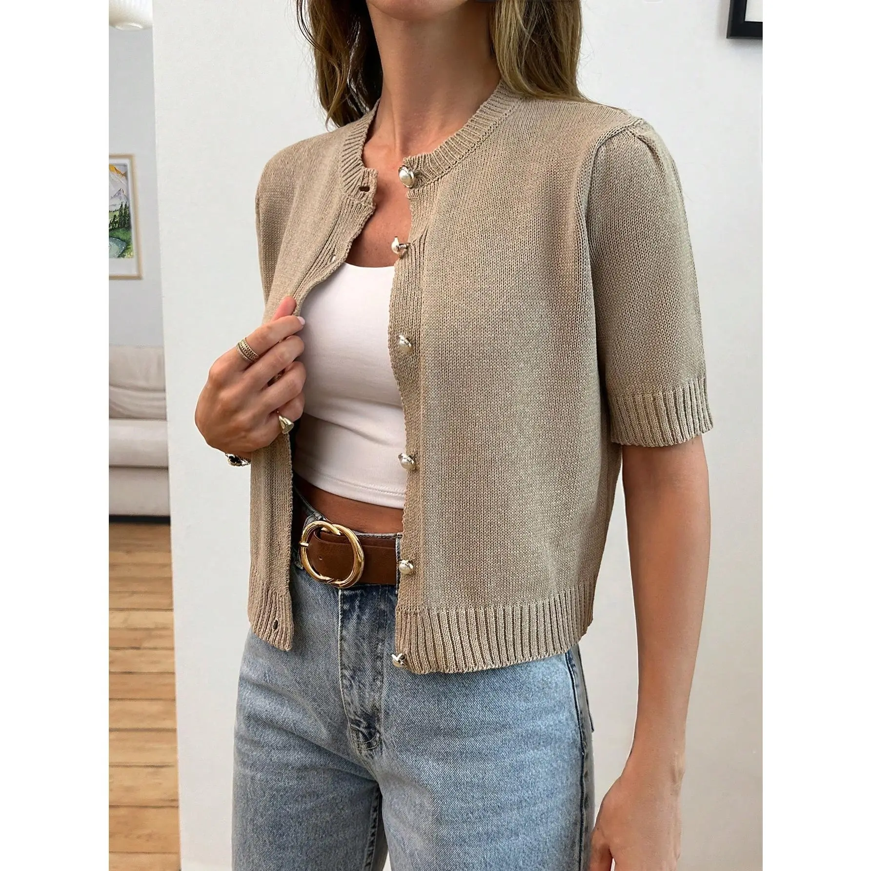 Gold Button Short Sleeve Elegant Cardigan Fit Knitwear
