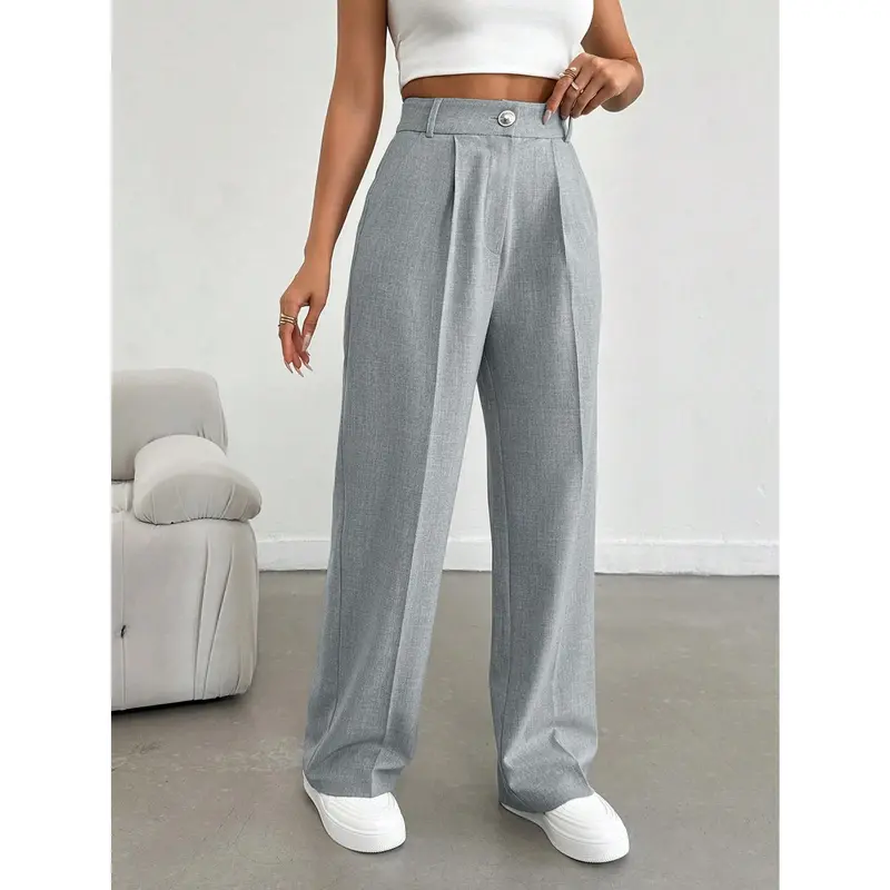 Women's Grey Melange Color High Waist Wide Leg Pants With Button And Zipper Details Fabric Fit Womenswear Bottom Comfort Trouser Wideleg Basic Casual Minimalist 4