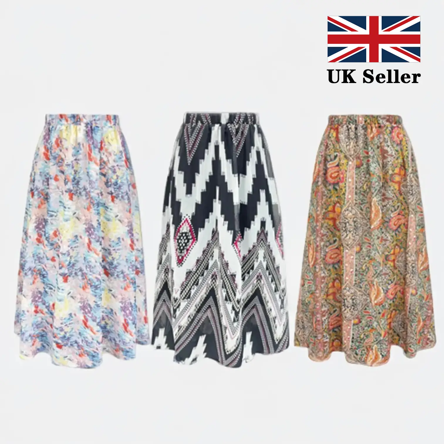 [UK Size 6-30] ChicHero High Waist Print Chiffon Midi Skirt