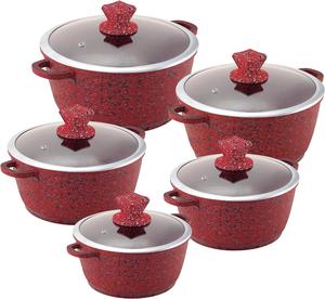 Jhansi Red Premium Granite Marbell Die-Cast Aluminium  Set with Non-Stick Coating 5pc Set Durable Granite Effect Non-Stick Coating Sturdy Tempered Glass Lids with Steam Vent Moulded Induction Cookware Cookware with lid stockpot pots