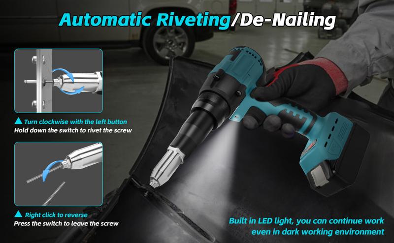 Product Introduction of Cordless Rivet Gun Compatible with Makita 18V Battery, Brushless Electric Rivet Gun with LED Light, 20 Rivets, 3 Adapters and Wrench, Portable Rivet Nut Gun Kit (No Battery) 10