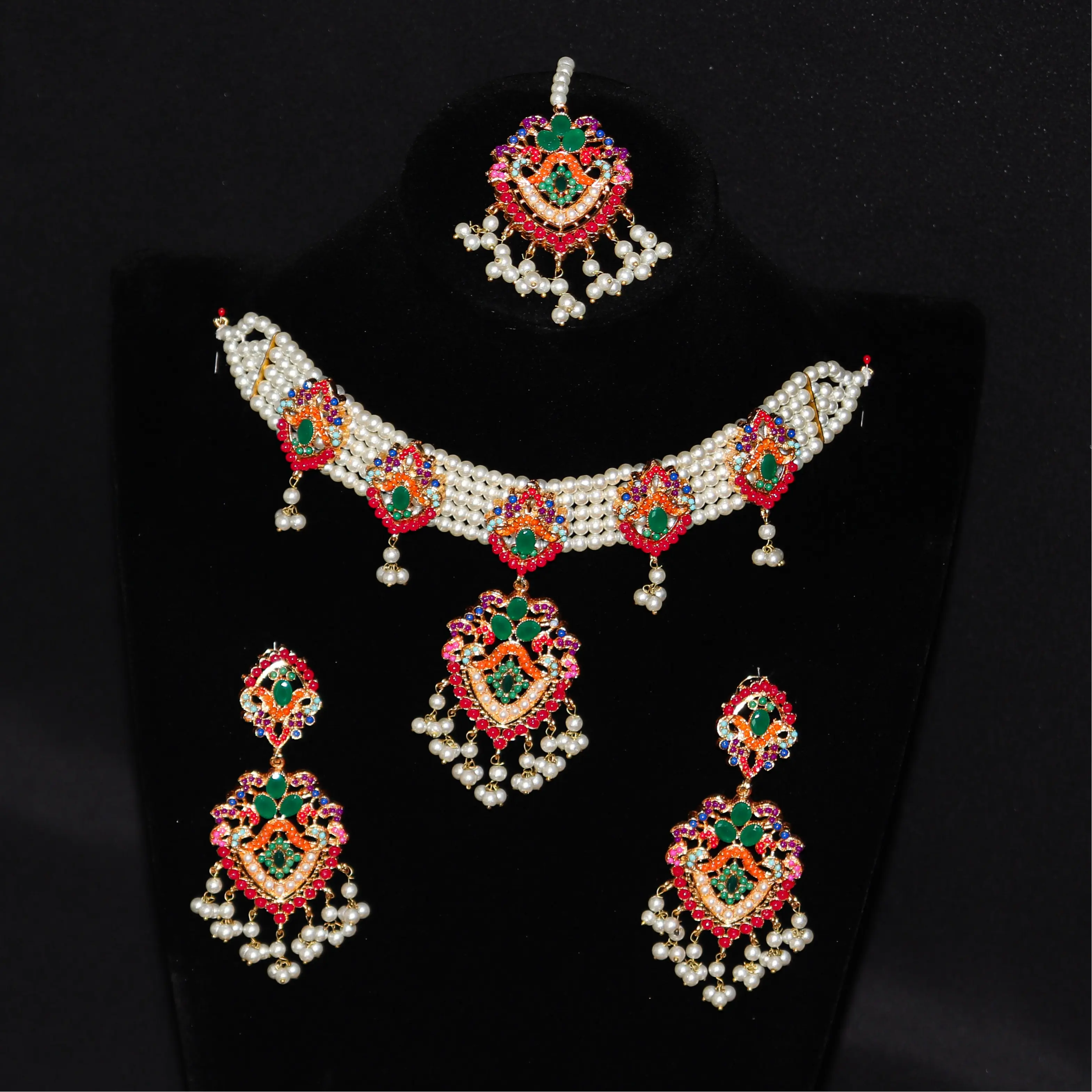 Heavy Jewelry Necklace Nauratan Green Set with Earrings & Tikka for Indian/Pakistani Women - Gold-Plated Finish