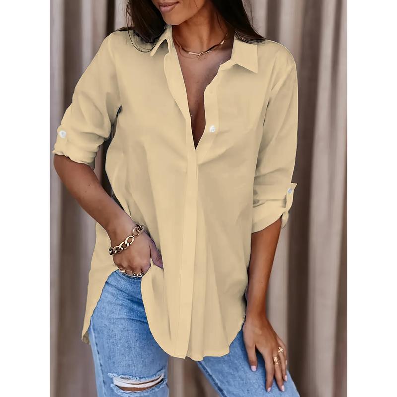 Solid Button Front Shirt, Casual Turn Down Collar Office Work Shirt, Women's Clothing 2