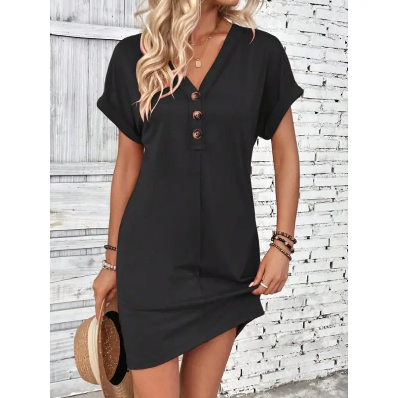 Plain Button V Neck Tee Dress for Women, Casual Comfort Shortsleeve Batwing Sleeve Short Dress for Summer, Summer Dresses 2025, Fashion Women's Dress, Birthday Dresses 2025, Wedding Guest Dress 4