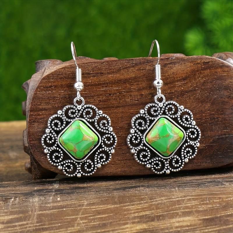 Boho Style Jewelry Set with 3-Piece Earrings and Necklace, Inlaid Green Gemstone and Cute Flower Edge - Great Gift for Her 5