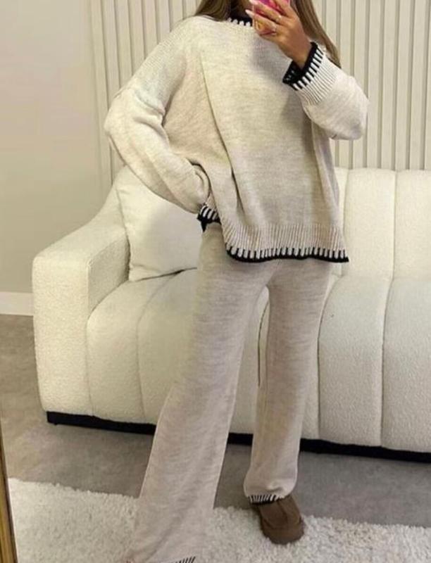 women's knitted lounge wear ladies wide leg palazzo top trouser tracksuit 2