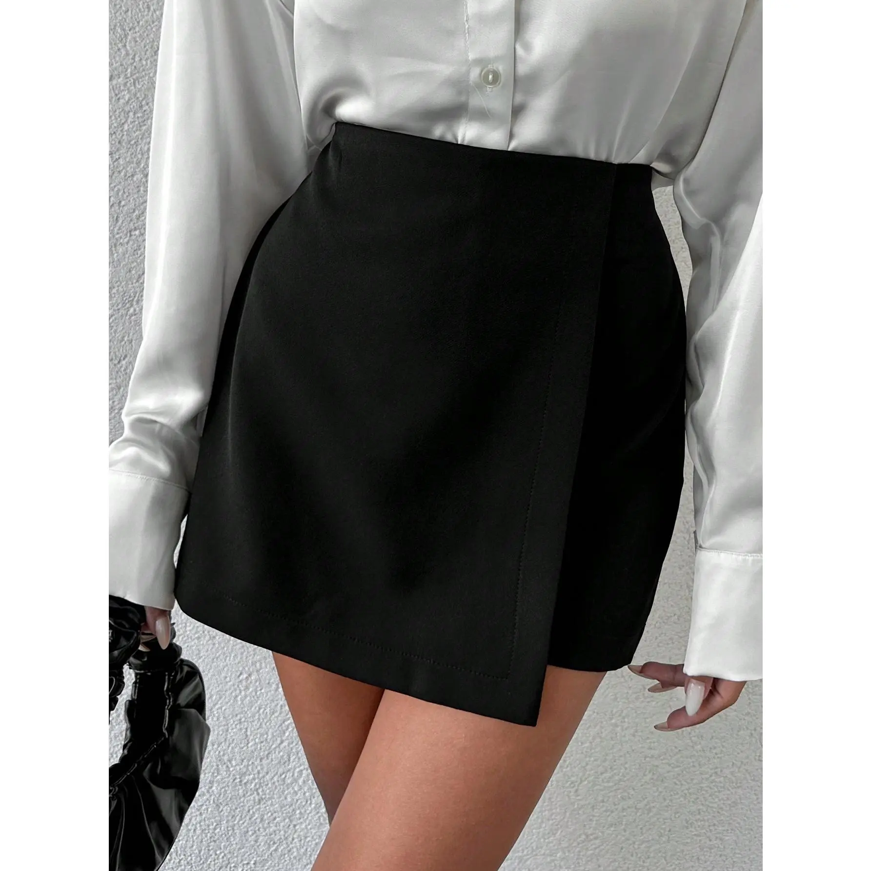 ​Women's BottomsSolid wrap front skort 【S12】 skirt womenswear bottom comfort casual basic minimalist Black
