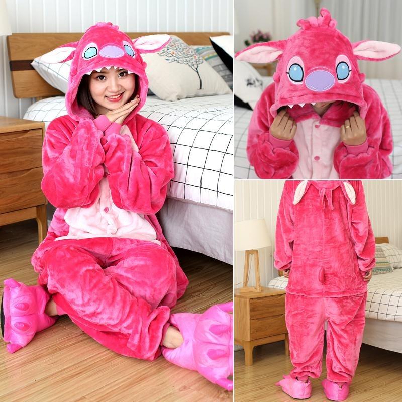 Stitch Anime Cosplay Costumes Women Men Cartoon Jumpsuit Adults Cute Flannel Hooded Pajamas Onesie For Loungewear Nightwear Womenswear Homewear Long Sleeve Pjs Pyjamas Winter Basic Minimalist 7