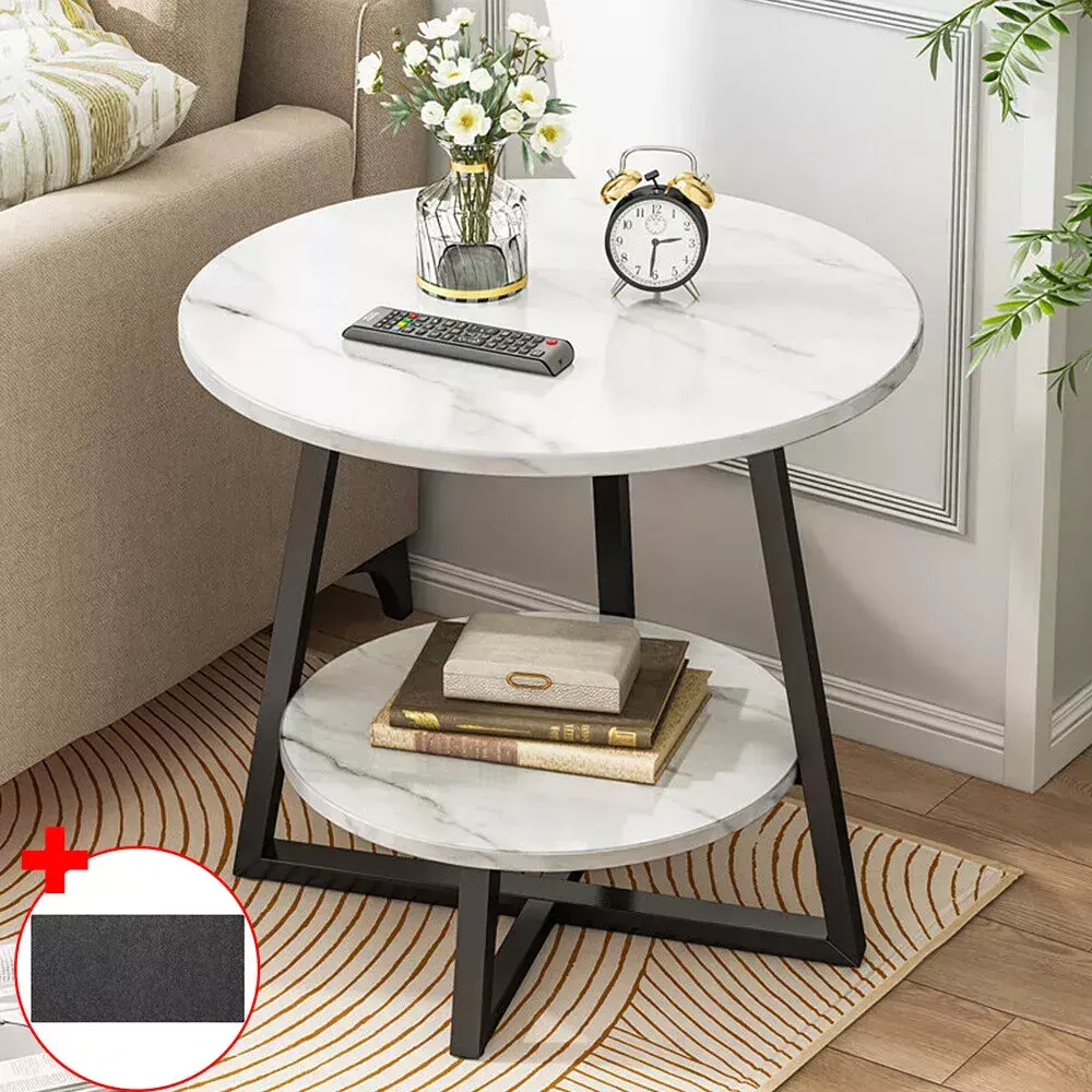 ONCETRY Round 2 Tier Coffee Table Side Table White Marble Effect End Table for Living Room