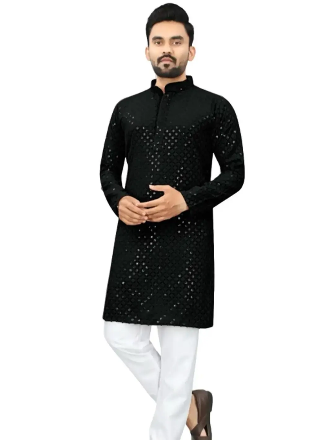 Estationeryhouse Straight fit Men's Kurta Pajama in Cotton (Rayon) Heavy Embroidery work Front and Back (Comes with white pyjama)