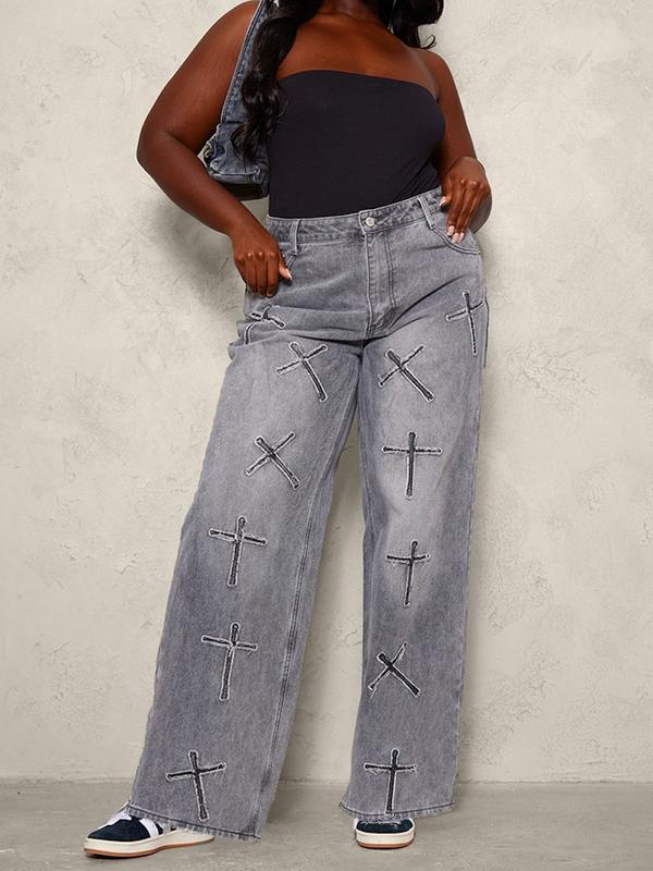 Plus Washed Black Cross Applique Detail Wide Leg Jeans (Sizes 16-30) 0