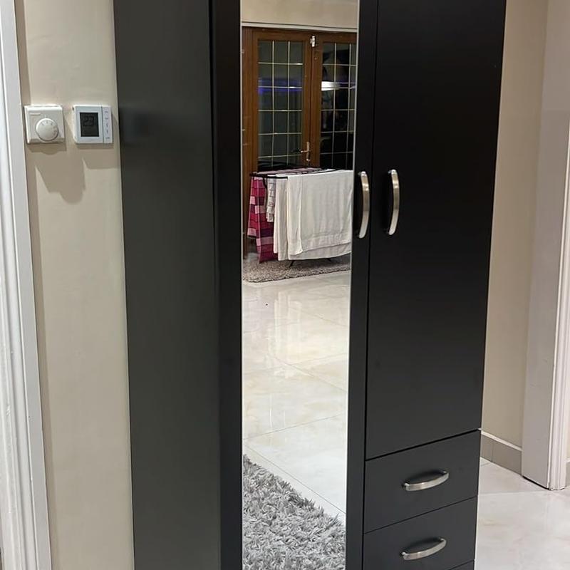 PALAKLOT 2 Door 3 Drawer Full-length Mirror Wardrobe | Modular Cabinet for Space Saving | Ideal Storage Organizer (Black) 2